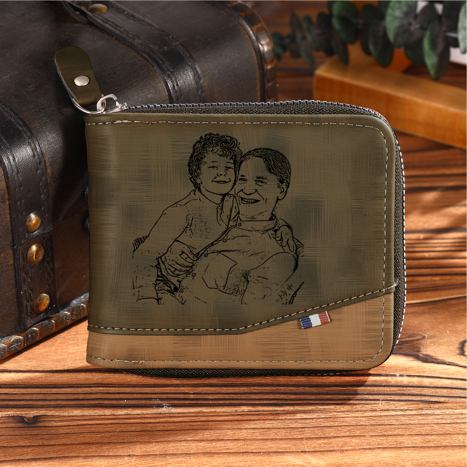 2 Names - Personalized Photo Custom Leather Men's Zipper Wallet as a Father's Day Gift for Dad