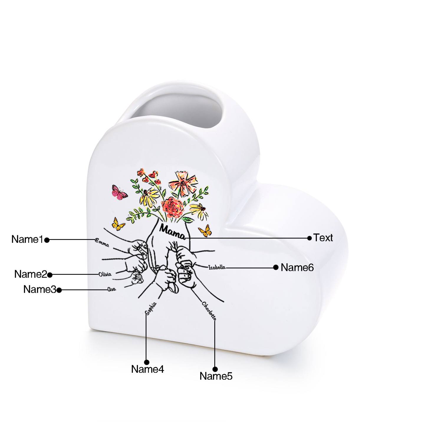 Personalized ceramic heart vase custom with text and 2–8 children’s names