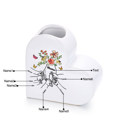 Personalized ceramic heart vase custom with text and 2–8 children’s names