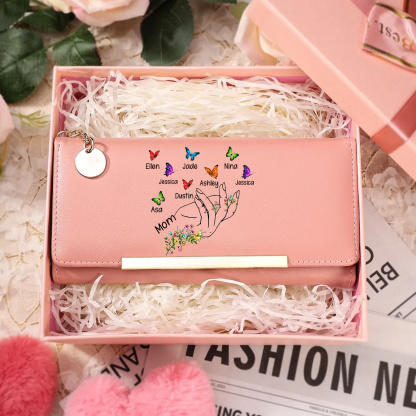 Personalized Women Wallet Floral Butterfly Design Customized With 2–8 Names
