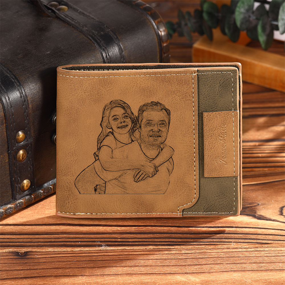 Photo Personalized Leather Men's Wallet Customized Name Letter Folding Wallet Two Colors Available with Gift Box for Dad
