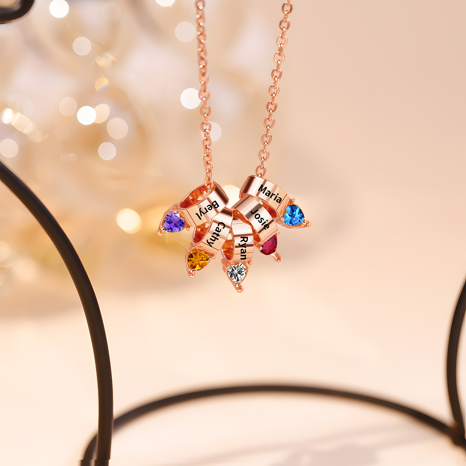 5 Names - Personalized Link Pendant Necklace with Customized Name and Birthstone Gift for Her