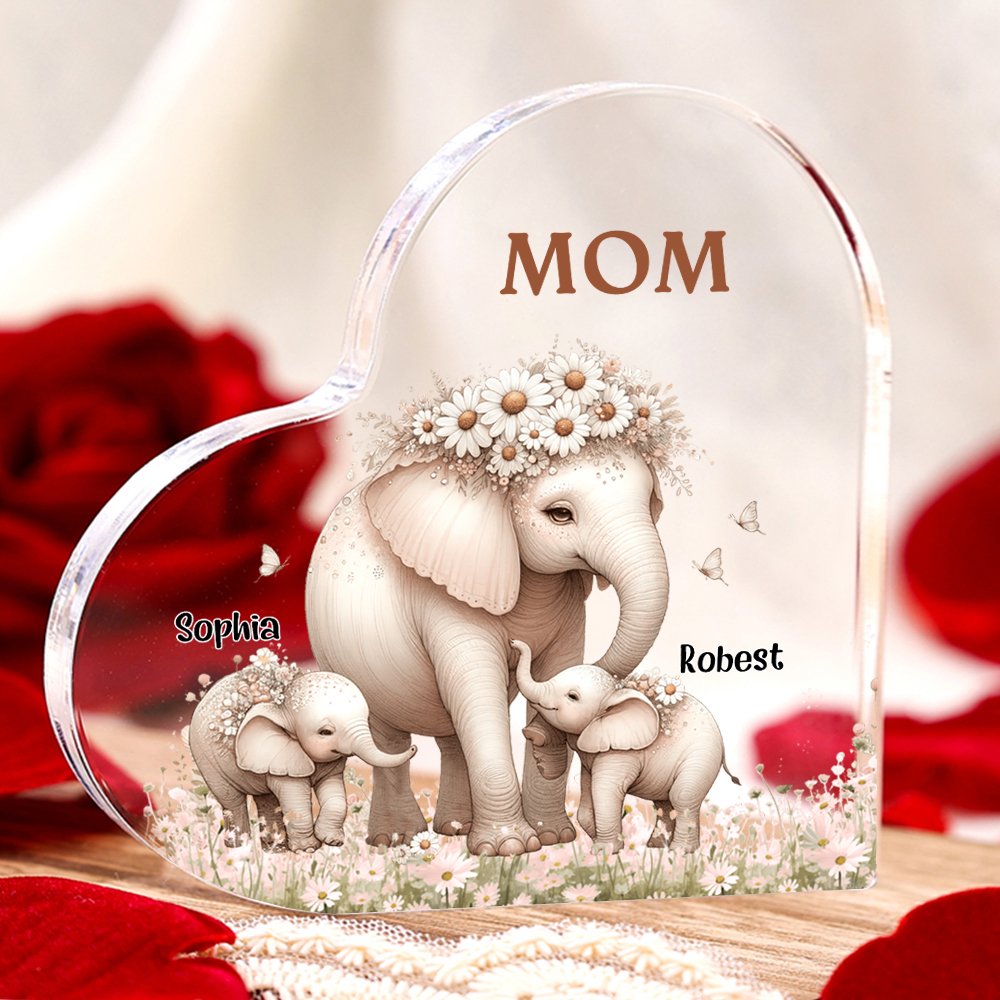 2 Names-Personalized Elephant Acrylic Heart Keepsake Custom Text Acrylic Plaque Ornaments Gifts for Mom