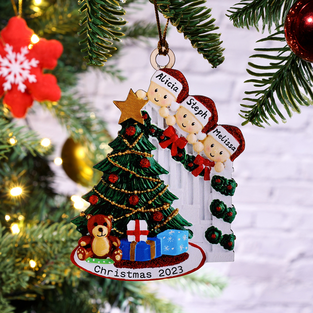 5 Names-Family Christmas Wooden Ornament Custom 5 Names Hanging Ornament Gifts For Family-Peeking Family
