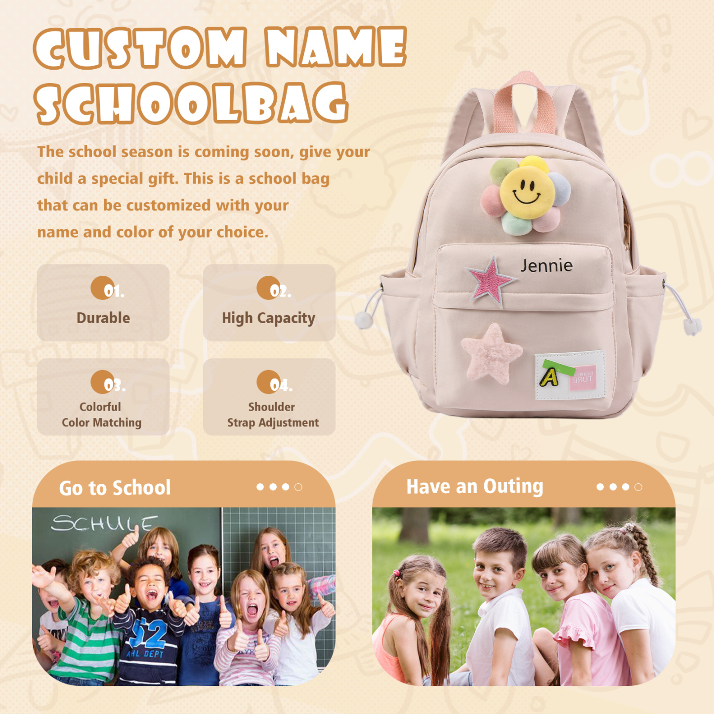 Personalized Nylon Polyester Children's Custom Name Backpack Back to School Gift