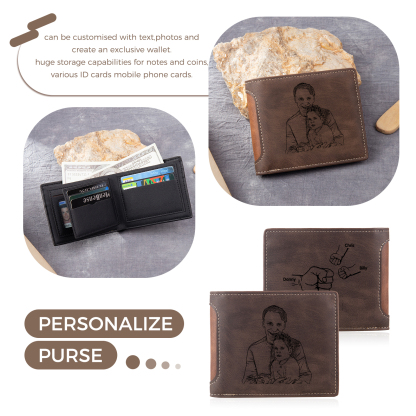 3 Names - Personalized Photo Custom Leather Men's Folding Wallet as a Father's Day Gift for Dad