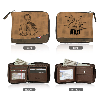 6 Names - Personalized Photo Custom Leather Men's Zipper Wallet as a Father's Day Gift for Dad