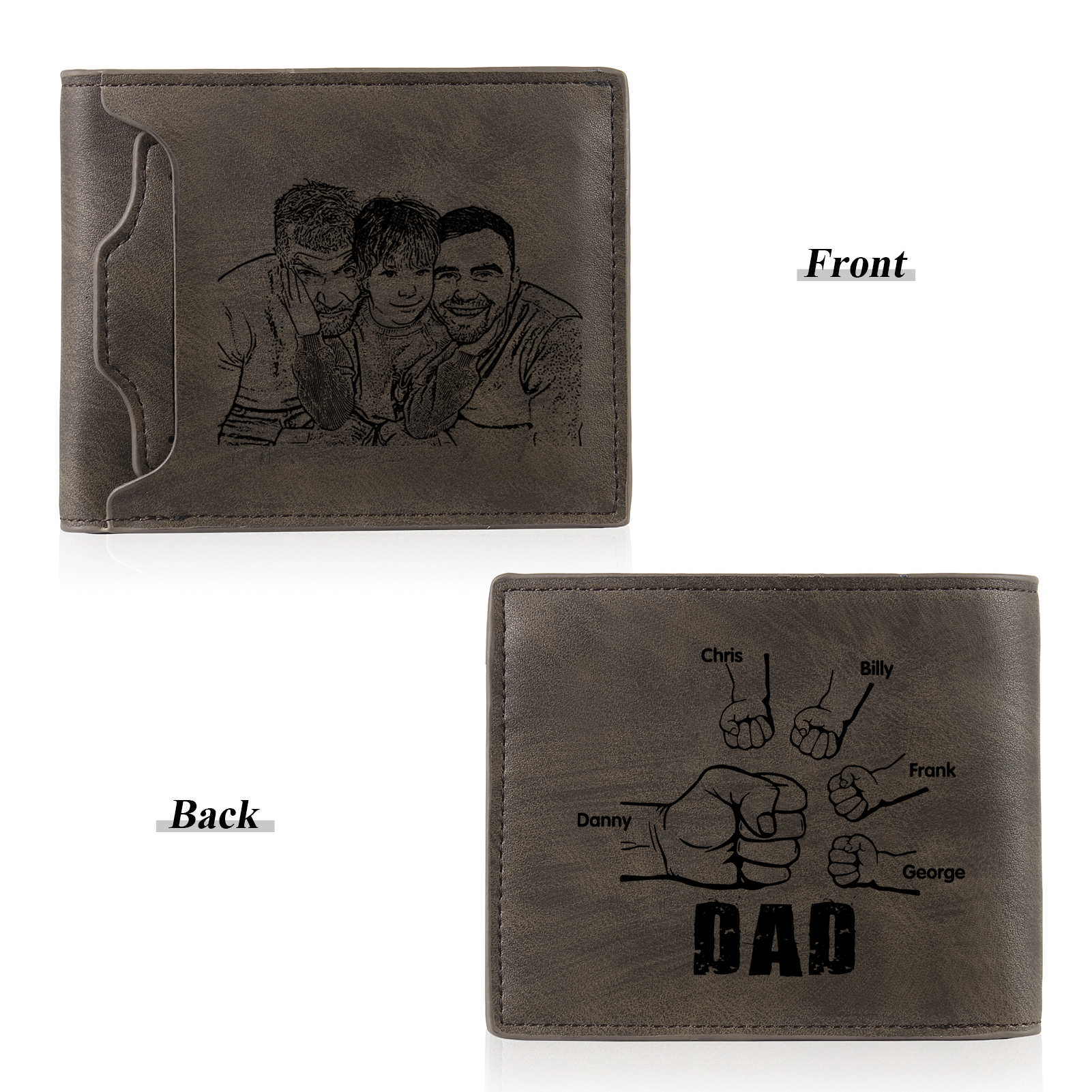 5 Names - Personalized Photo Custom Leather Men's Folding Wallet as a Father's Day Gift for Dad