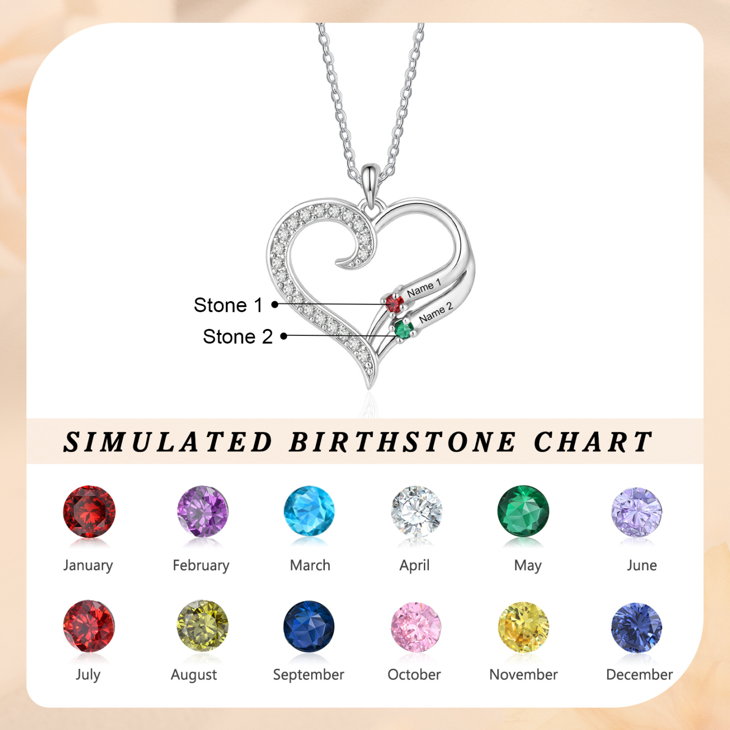 Personalized Heart Necklace with Birthstones Custom with 2–4 Family Names