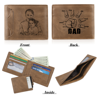 6 Names - Personalized Photo Custom Leather Men's Folding Wallet as a Father's Day Gift for Dad