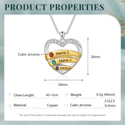 3 Names - Personalized Beautiful Heart Necklace with Custom Name and Birthstone, As a Mother's Day Gift for Mom