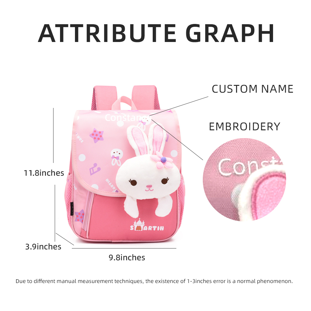 Personalized Pink Bunny Children School Bag Embroidery Name Black Backpack, Customized Schoolbag Travel Bag For Kids