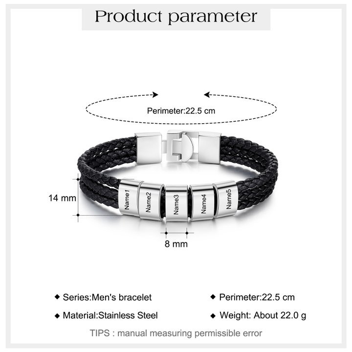 Personalized Braided Leather Bracelet Engraved 5 Names Men's Bracelet Gifts For Him