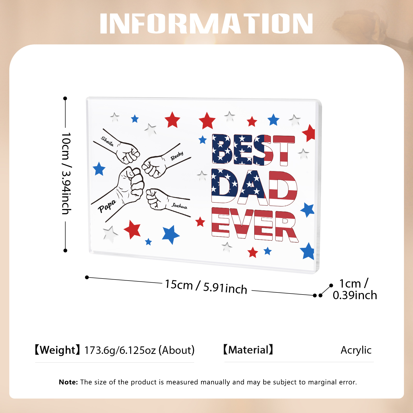 4 Names - Personalized Fist Family Acrylic Keepsake Customized Name Acrylic Home Decor Gift for Dad