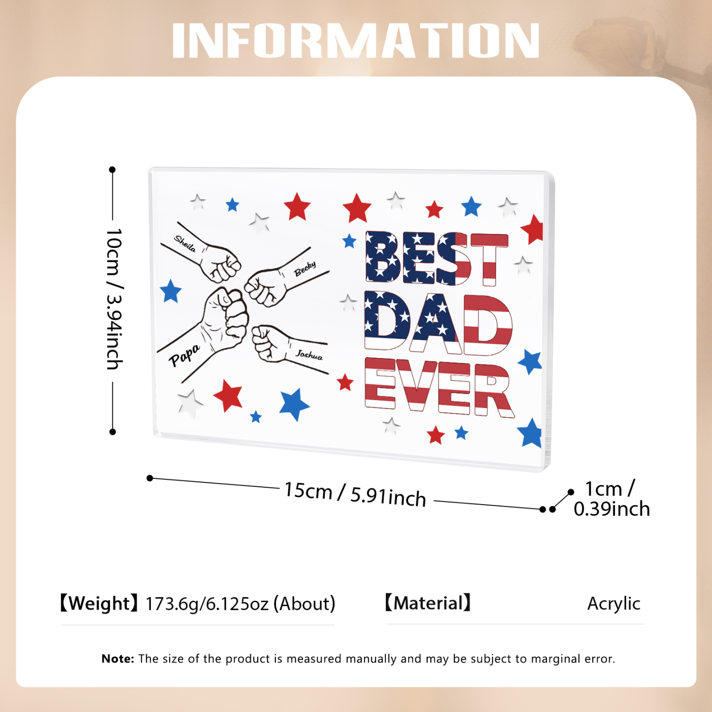 4 Names - Personalized Fist Family Acrylic Keepsake Customized Name Acrylic Home Decor Gift for Dad