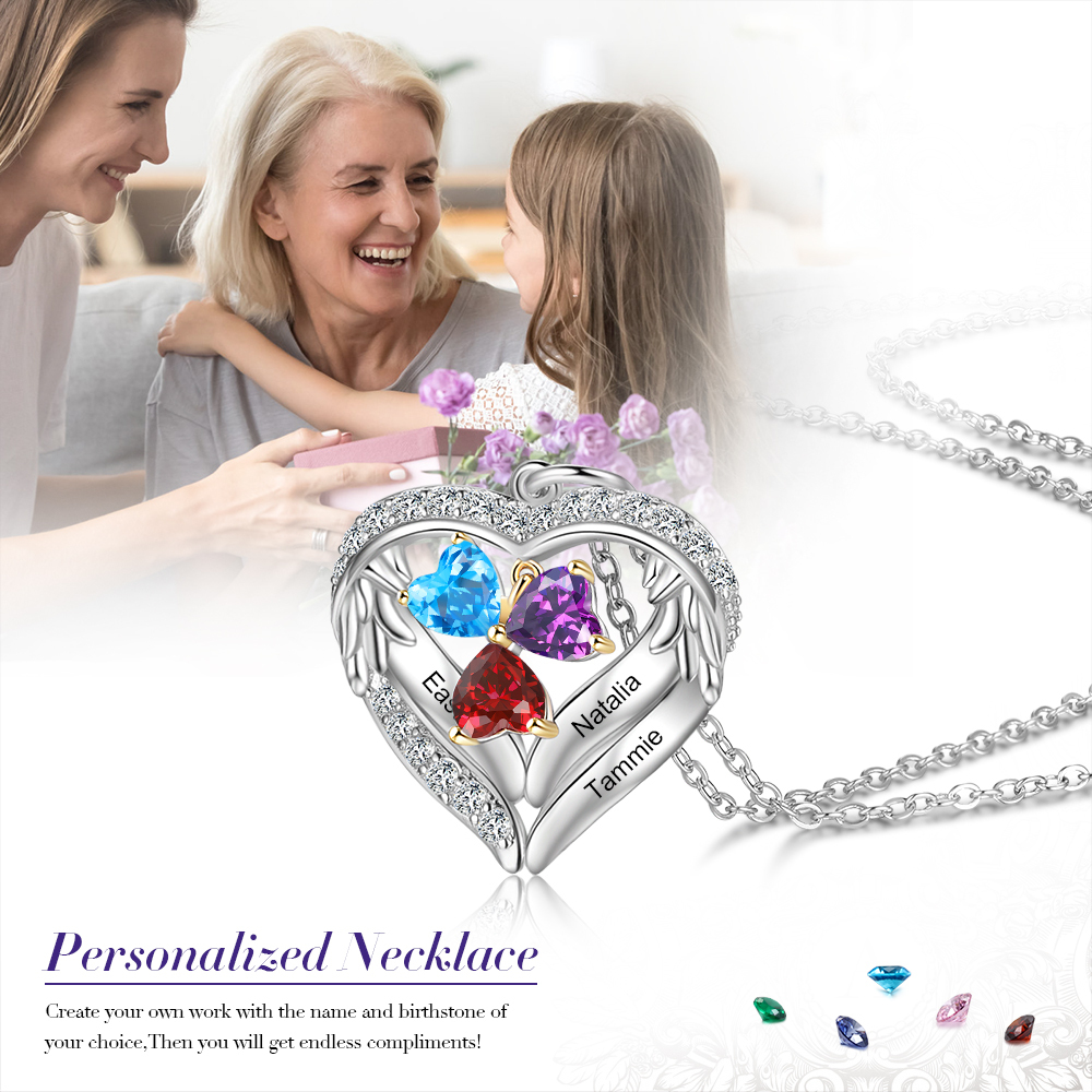 Personalized Wings S925 Silver Necklace With 3 Heart Birthstones Engraved Names Gift For Women