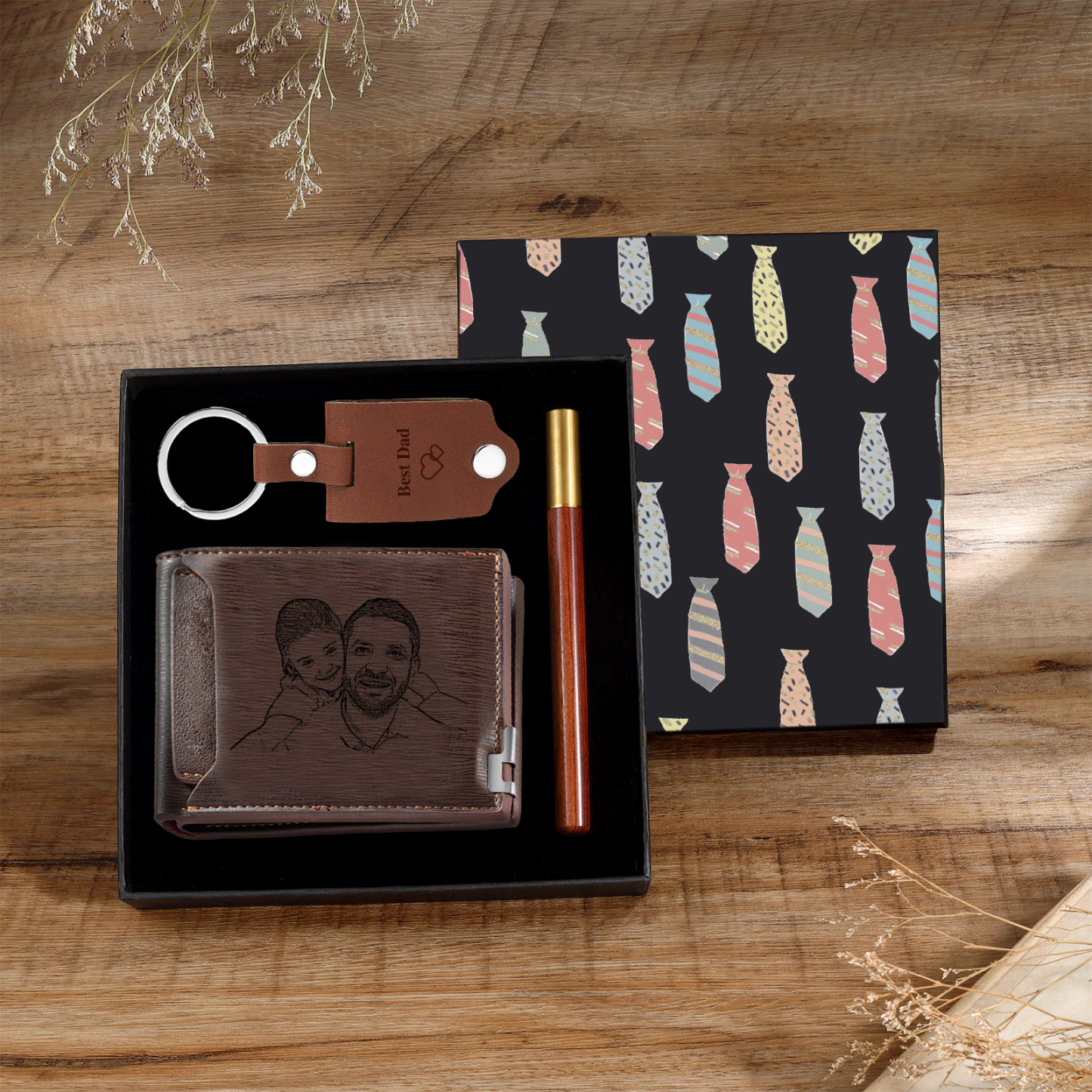 Personalized Leather Wallet Gift Box Set with Keychain Customizable 2 Photo and 3 Text Wallet Gift for Him