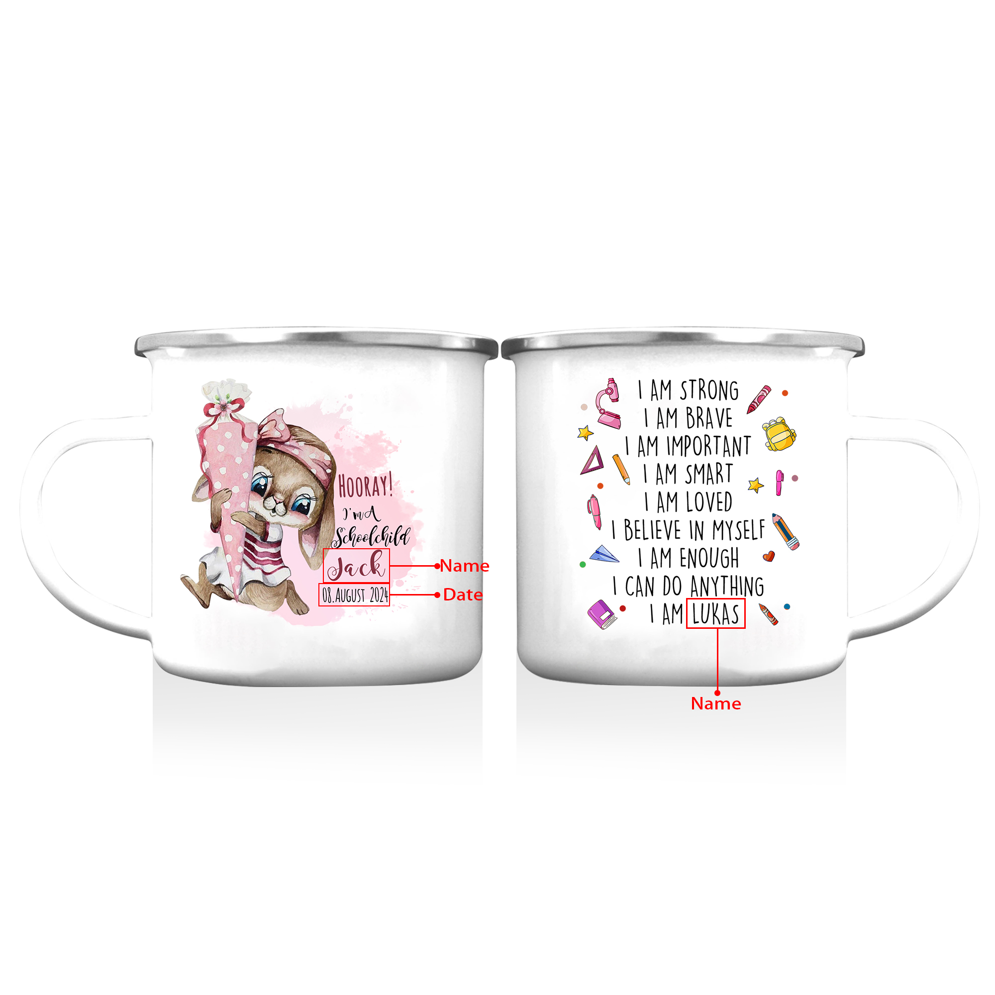 Personalized Name And Date Enamel Mug Bunny Pattern Back To School Gift For Kid