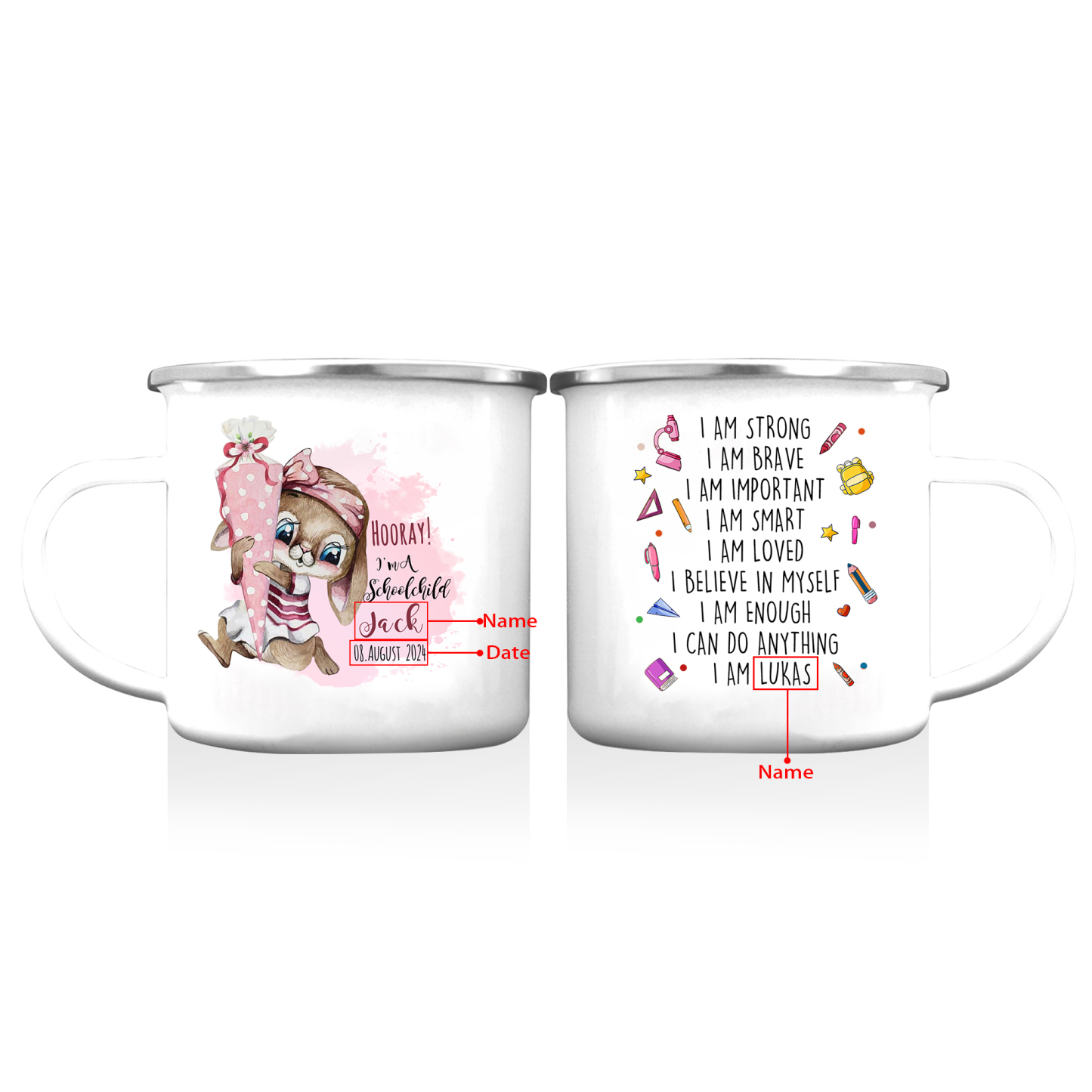Personalized Name And Date Enamel Mug Bunny Pattern Back To School Gift For Kid