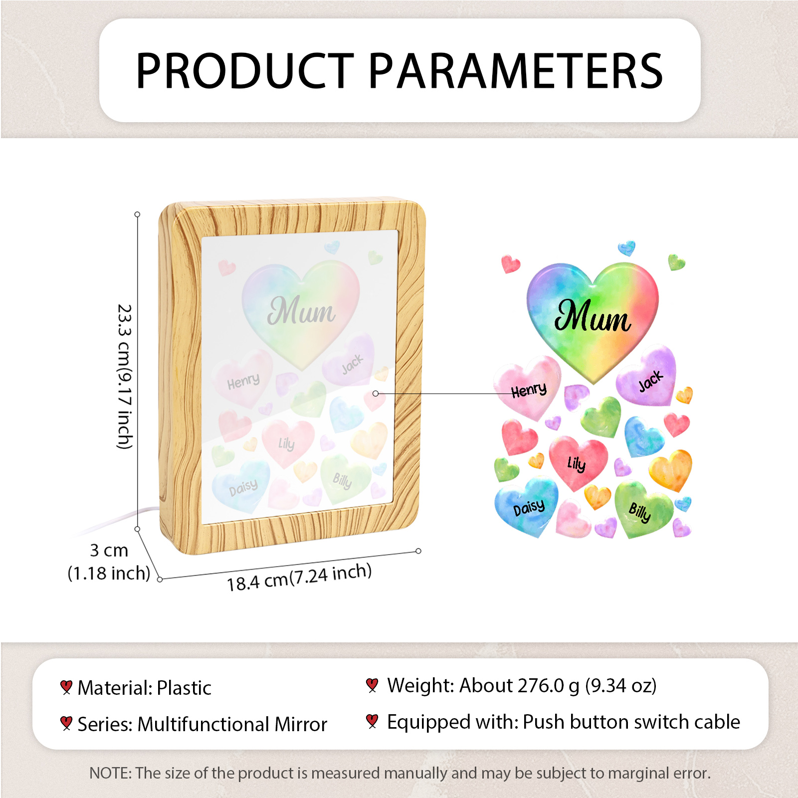 5 Names - Personalized Mom Home Wood Color Plug-in Mirror Photo Frame Custom Text LED Night Light Gift for Mom