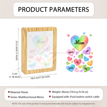 5 Names - Personalized Mom Home Wood Color Plug-in Mirror Photo Frame Custom Text LED Night Light Gift for Mom