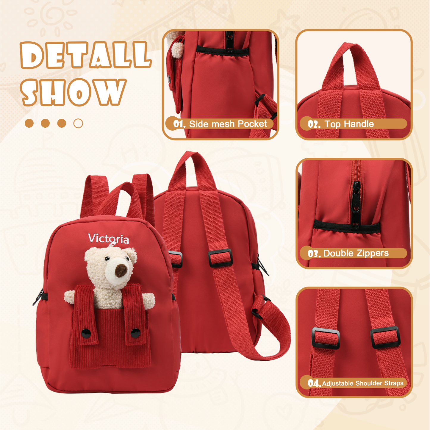 Personalized Bear Style School Bag Customized Name Canvas Kids Backpack Back to School Gift