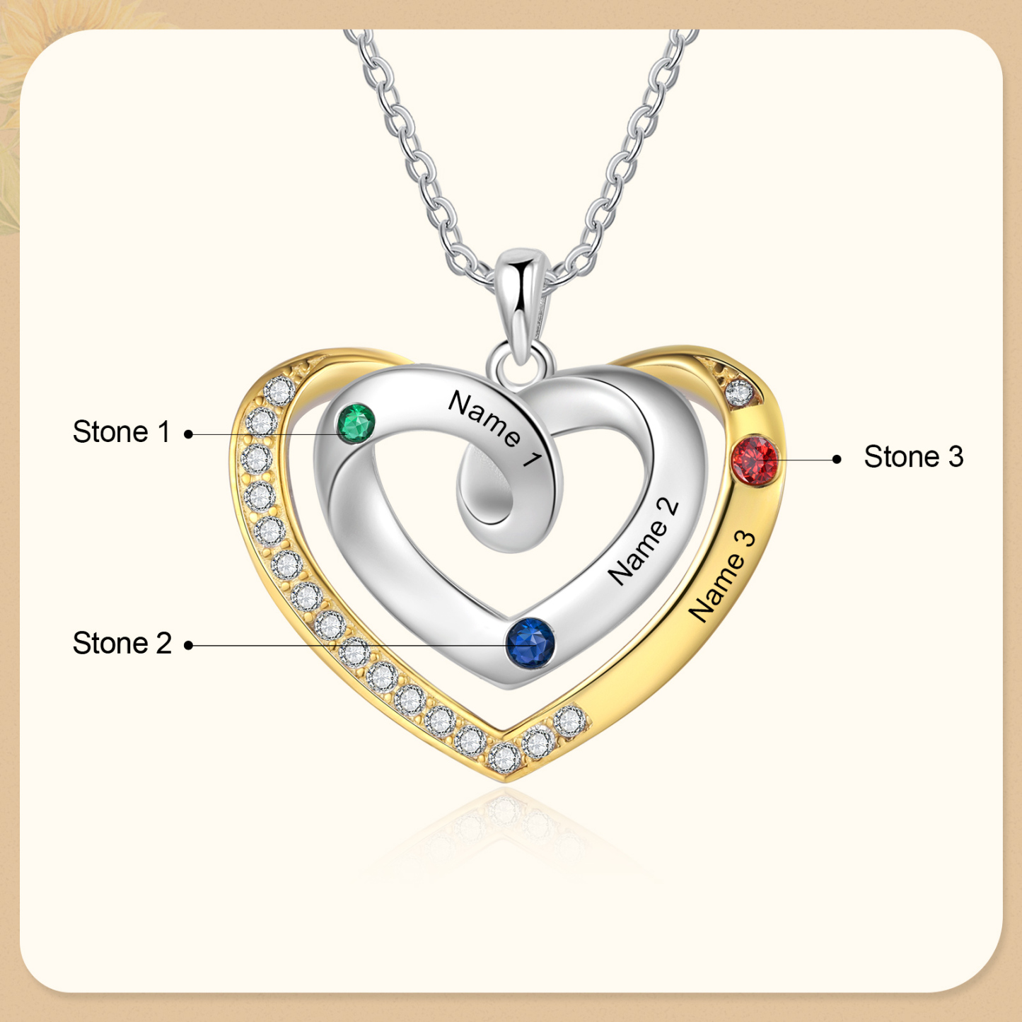 3 Names - Personalized Heart Necklace with Customized Names and Birthstone, A Perfect and Exquisite Gift for Her