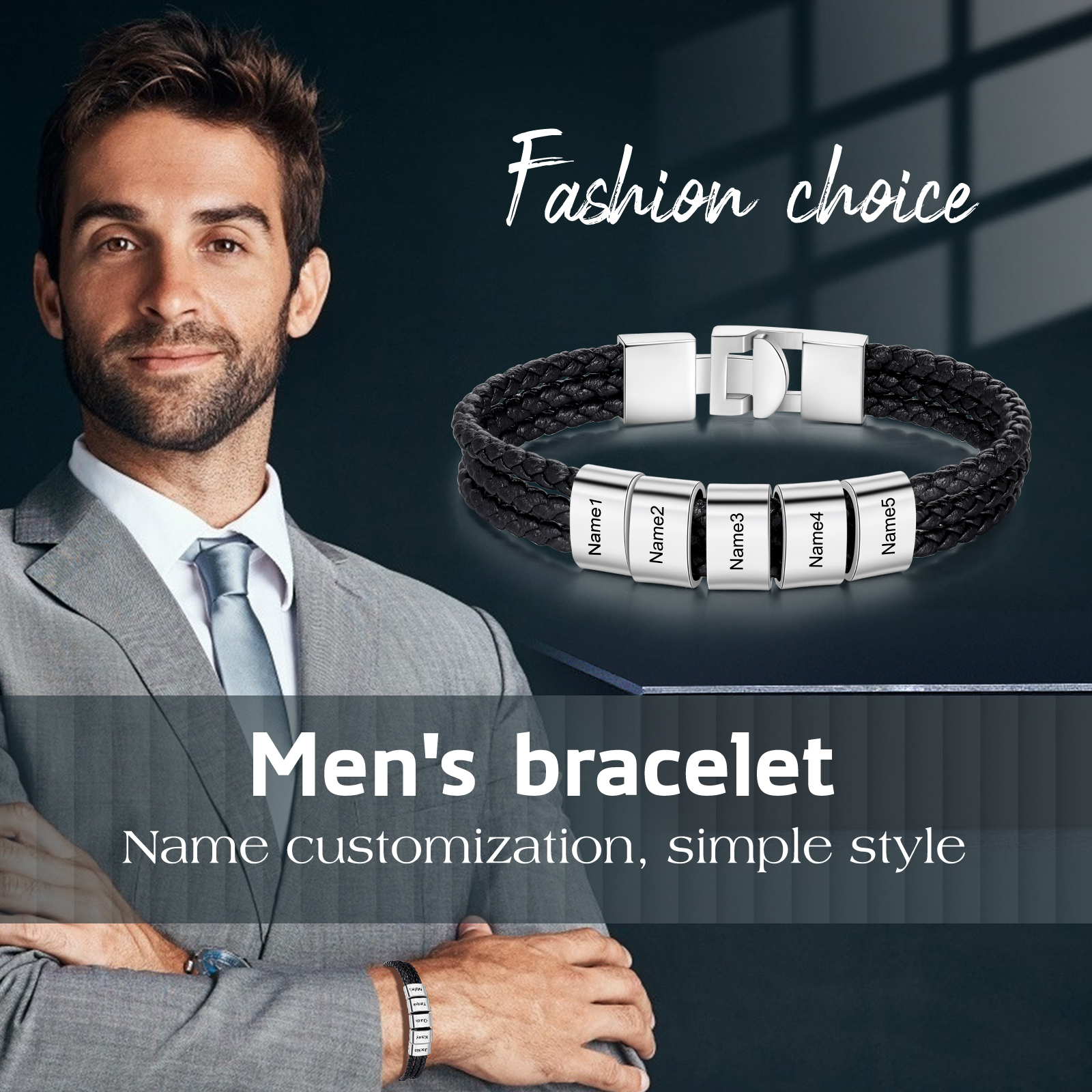 Personalized Braided Leather Bracelet Engraved 5 Names Men's Bracelet Gifts For Him