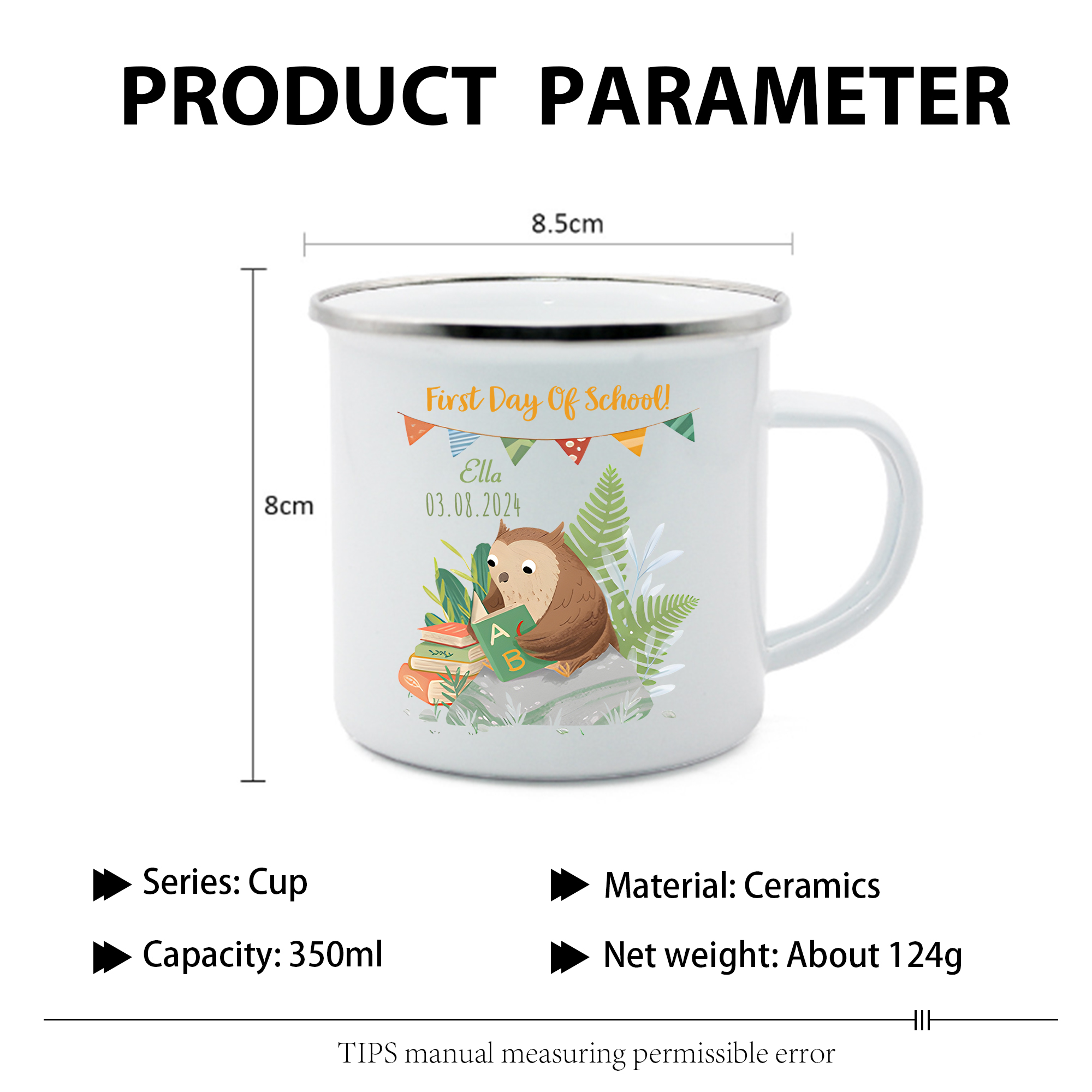 Personalized Name And Date Enamel Mug Children'S Owl Pattern Back To School Gift For Kid