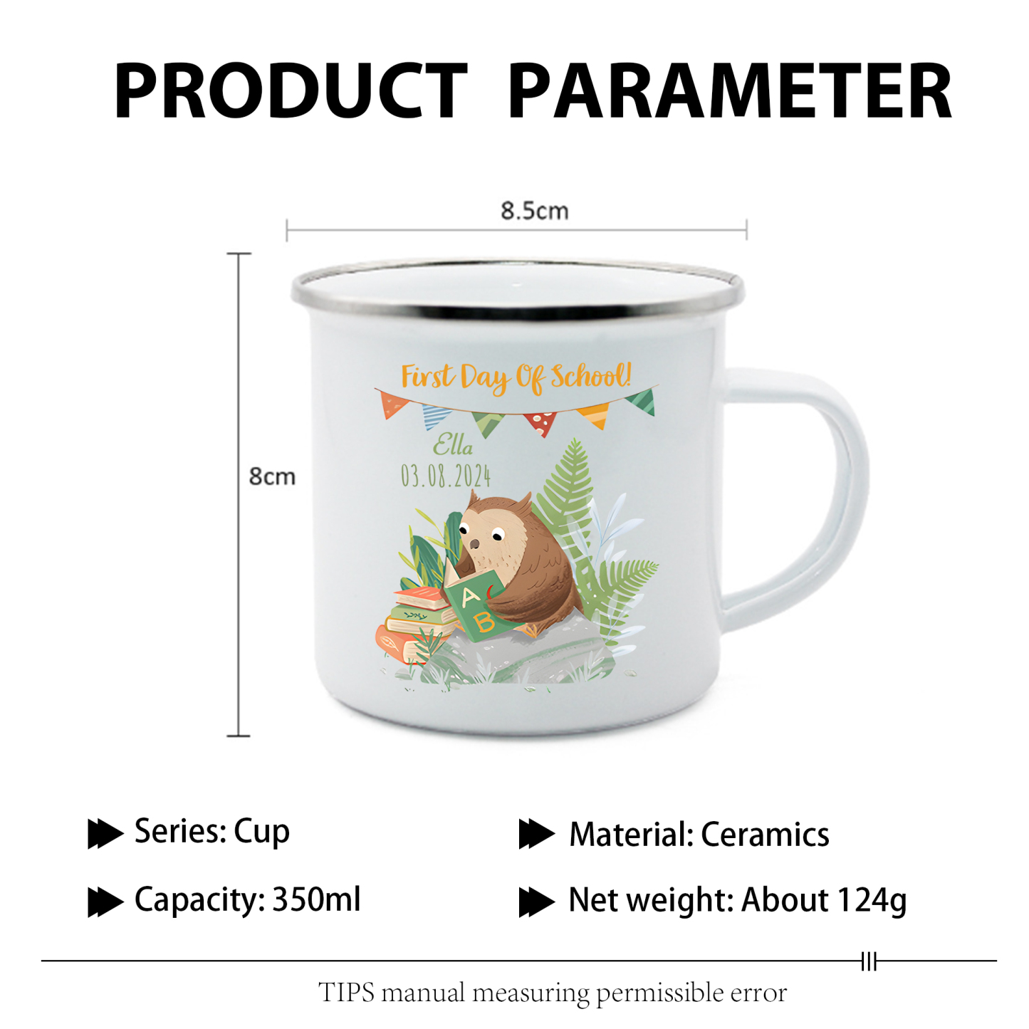 Personalized Name And Date Enamel Mug Children'S Owl Pattern Back To School Gift For Kid