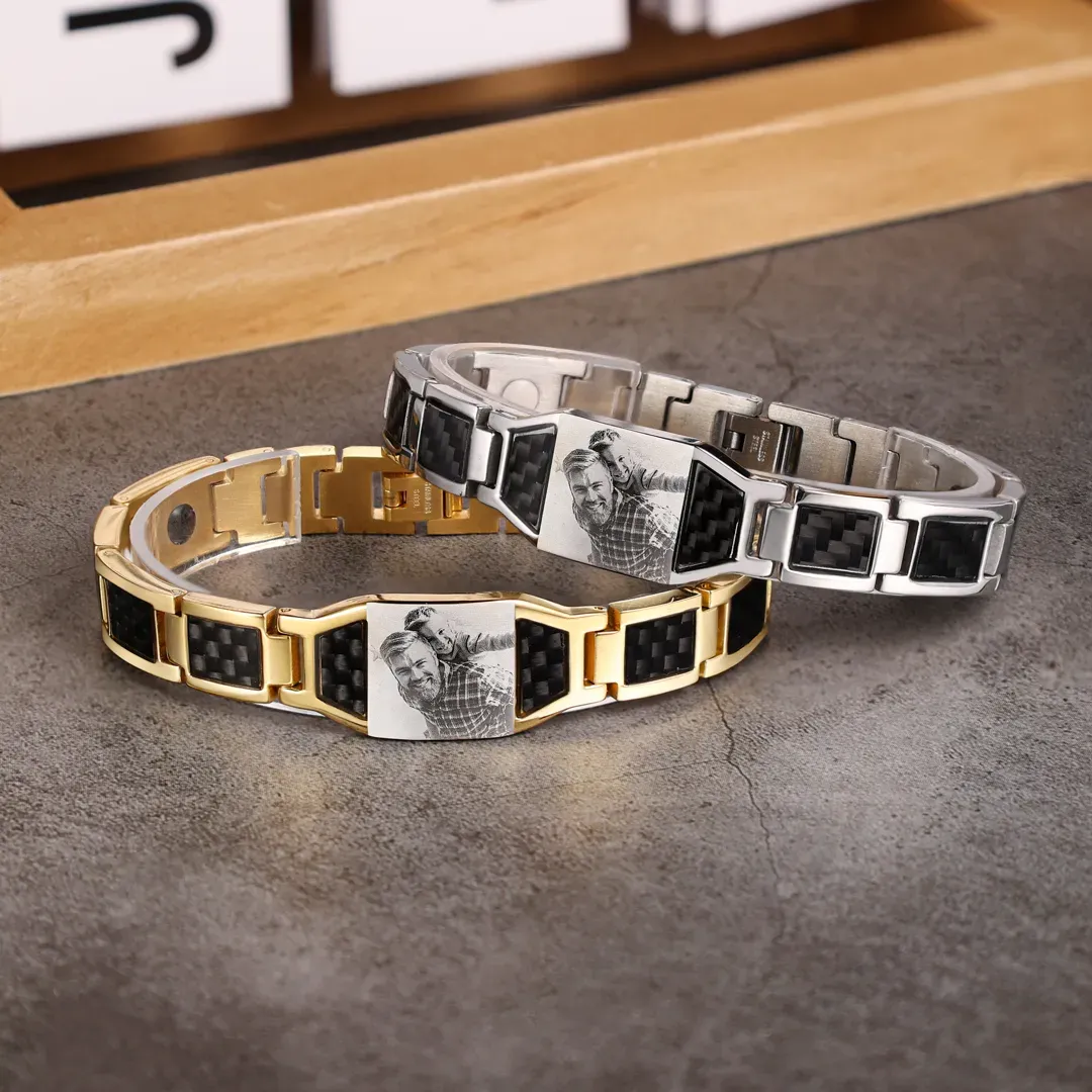 To My Man Personalized Carbon Fiber Energy Bracelet Gift Set, Custom Photo ID Bar Men's Bracelet Bangle Gifts For Him | Jessemade