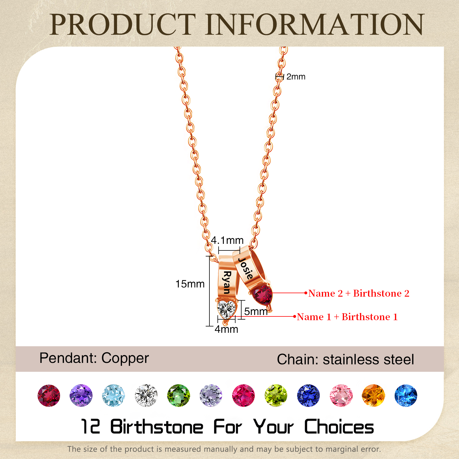 2 Names - Personalized Link Pendant Necklace with Customized Name and Birthstone Gift for Her