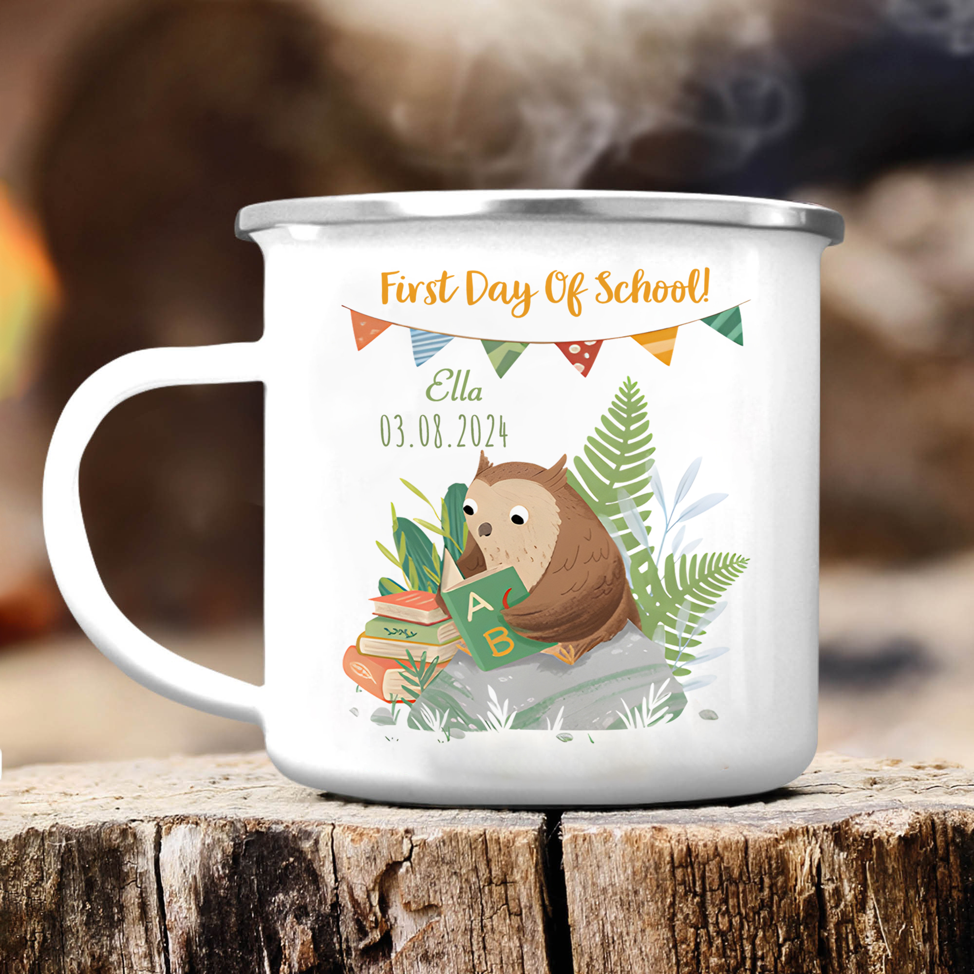 Personalized Name And Date Enamel Mug Children'S Owl Pattern Back To School Gift For Kid