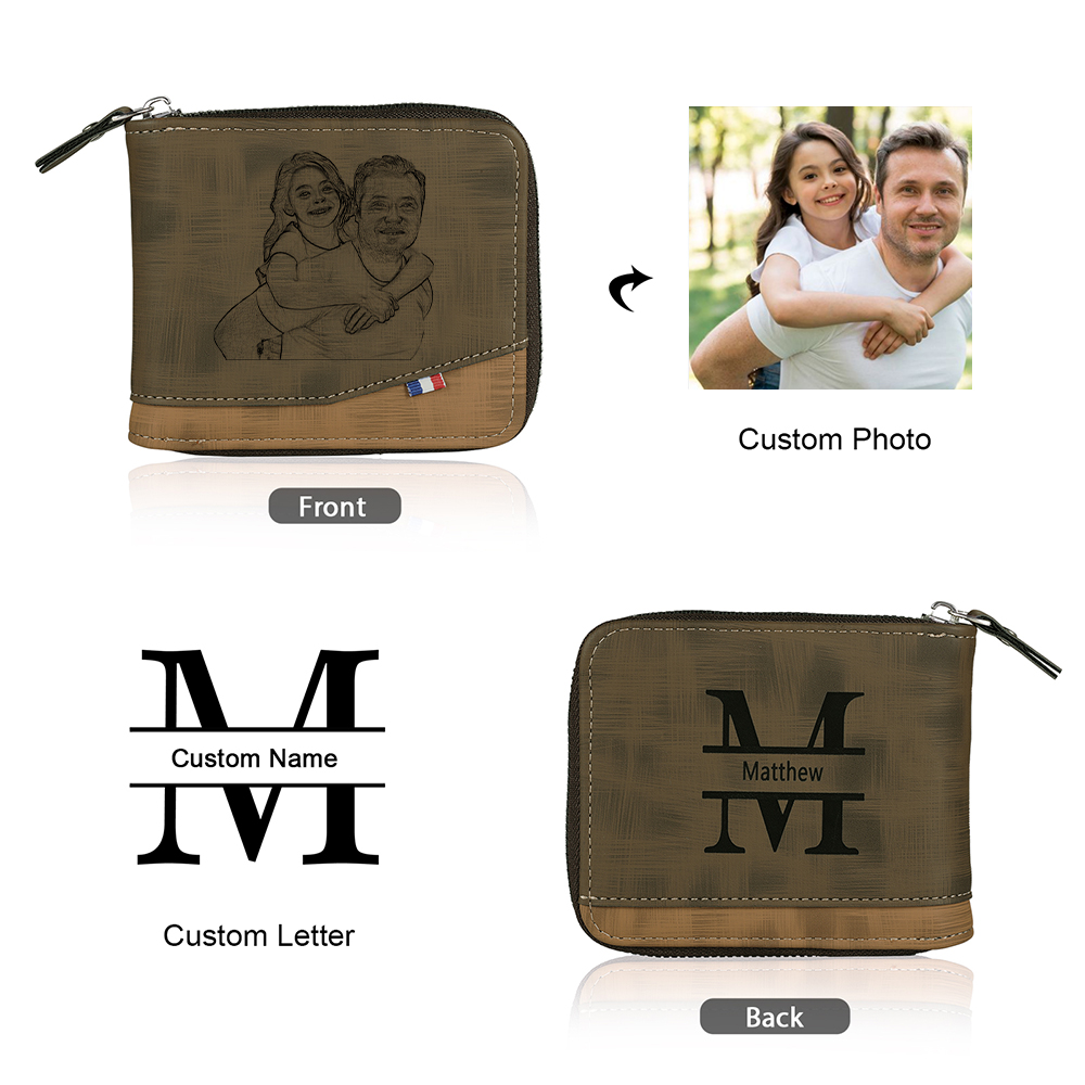Photo Personalized Leather Zipper Men's Wallet Customized Name Letter Folding Wallet Three Colors Available with Gift Box for Dad