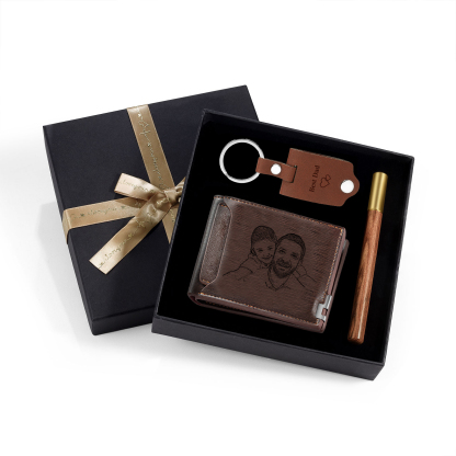 Personalized Leather Wallet Gift Box Set Keychain Strap Customizable 2 Photos and 3 Text Gift for Dad