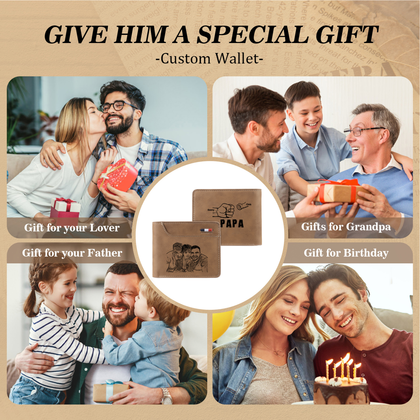 2-Names Personalized Leather Men's wallet With Card Slot Engraved With Name And Photo For Papa As a Father's Day Unique Gift