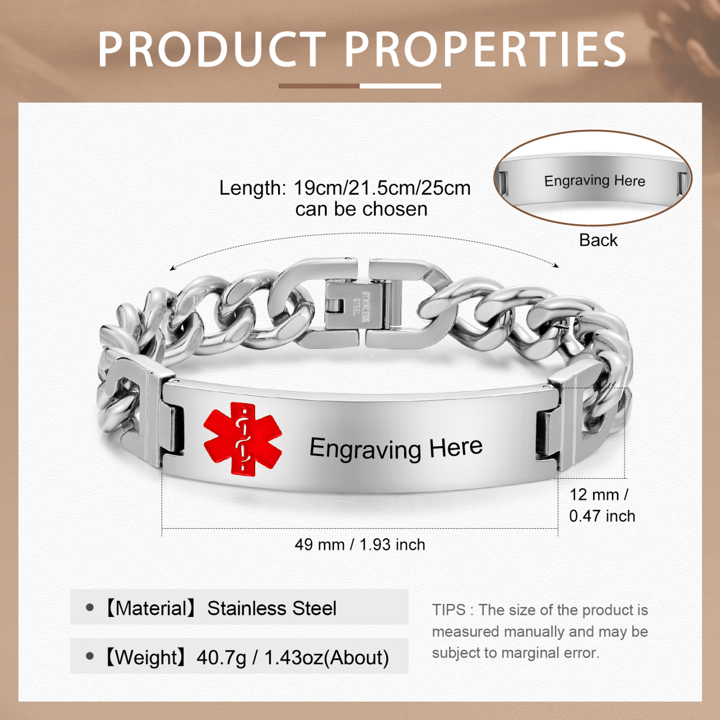 Custom Medical Alert ID Bracelet Practical Gift for Dad, Mom, Grandpa, Grandma, Friend | Jessemade