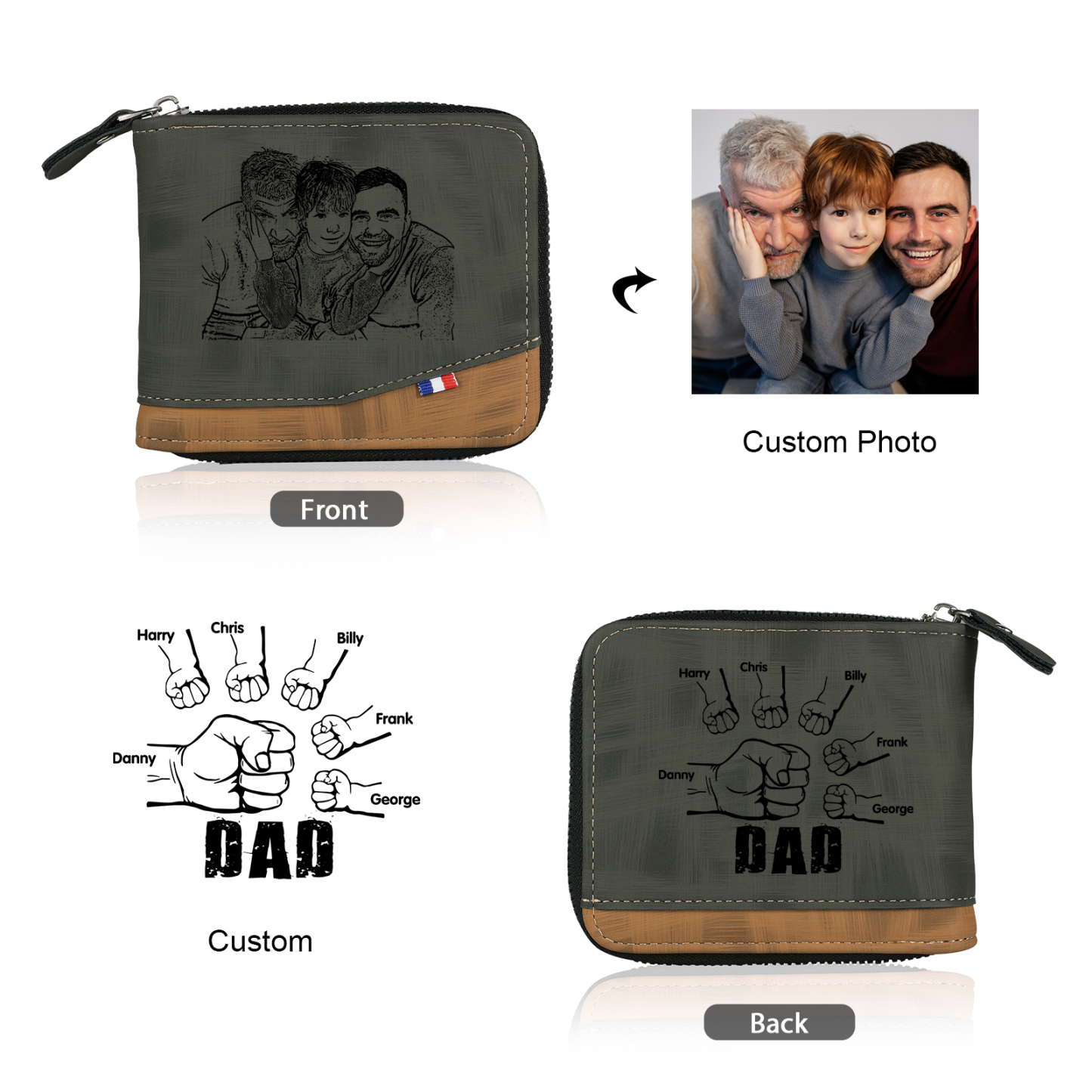 6 Names - Personalized Photo Custom Leather Men's Zipper Wallet as a Father's Day Gift for Dad