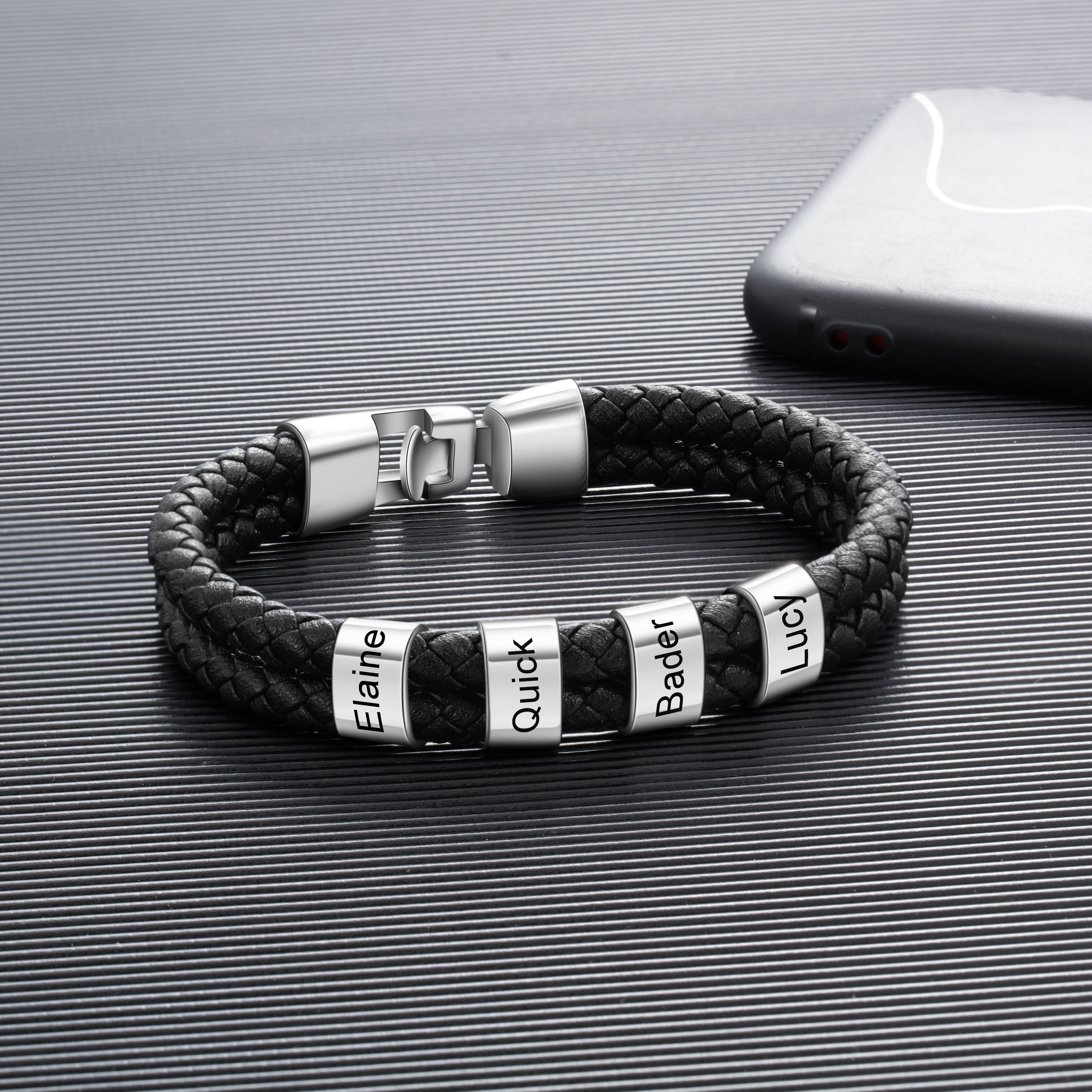 Personalized Braided Leather Bracelet Engraved 4 Names Men's Bracelet for Him