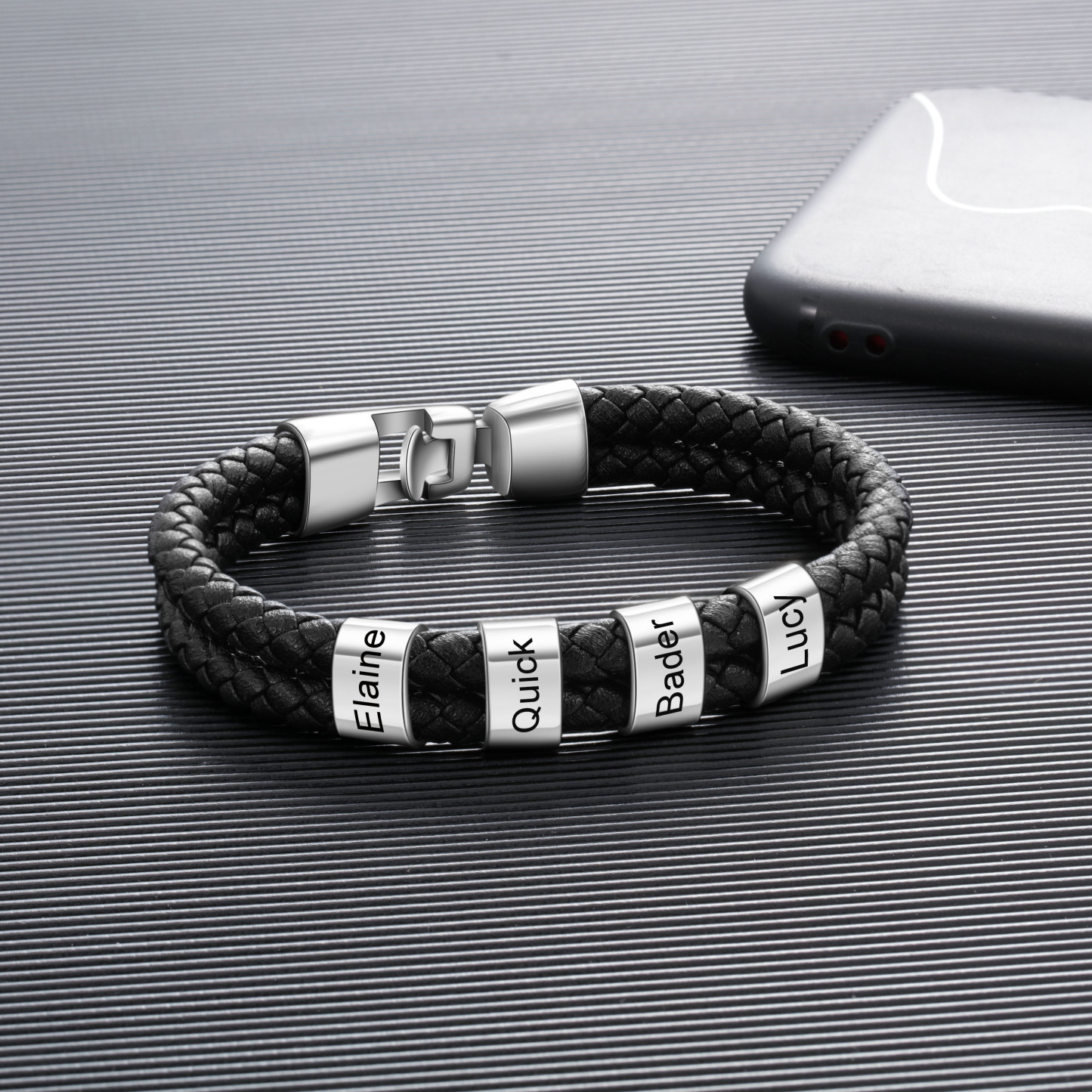 Personalized Braided Leather Bracelet Engraved 4 Names Men's Bracelet for Him