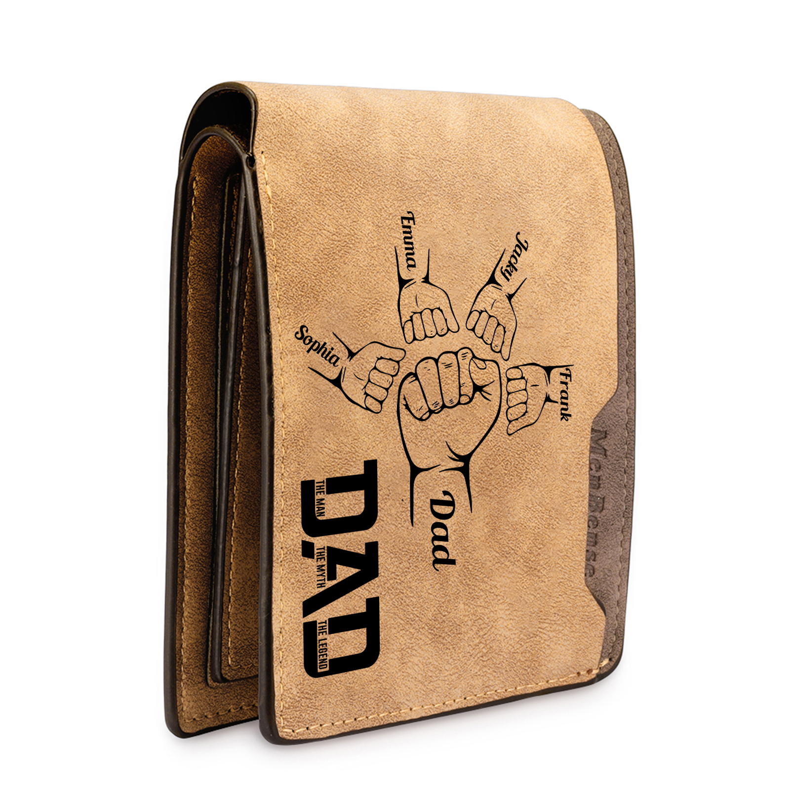 5 Names - Personalized Fist Bump Pattern Custom Name Leather Men's Wallet as a Father's Day Gift for Dad