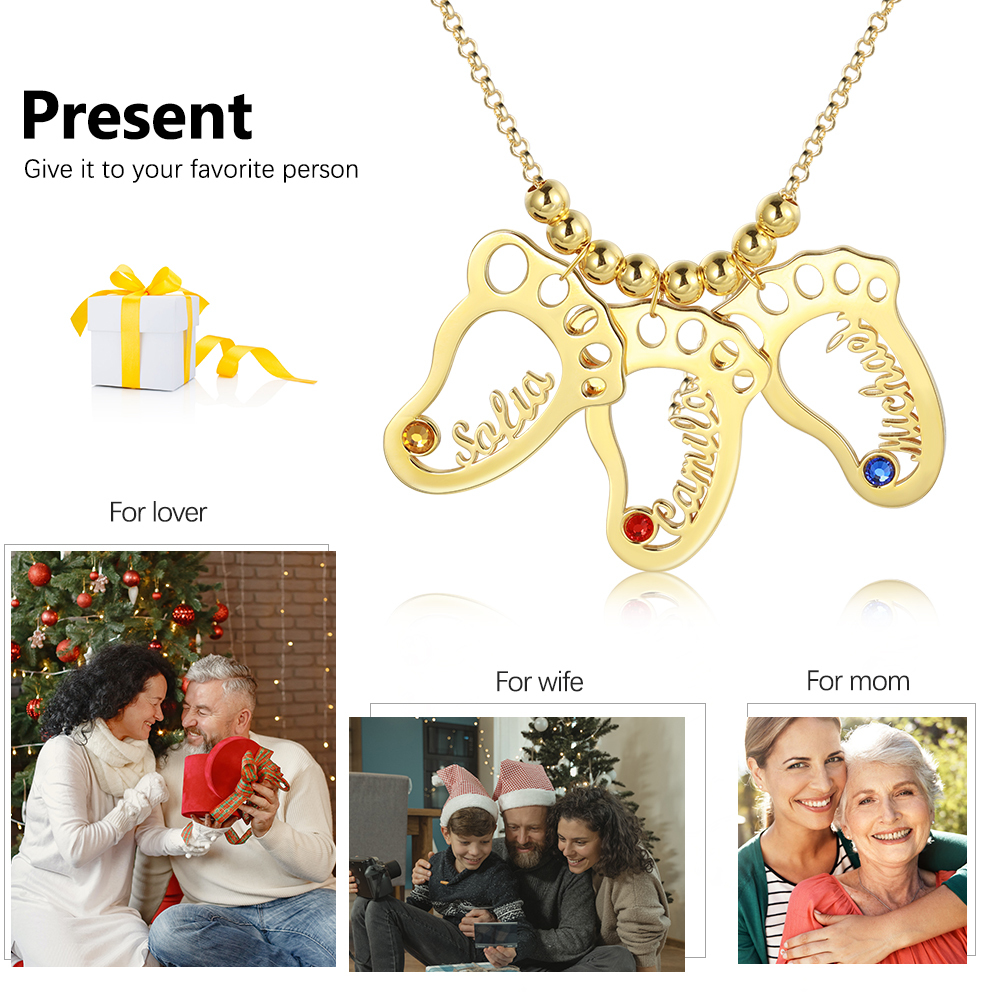 Personalized Baby Foot Engraved Names 3 Birthstones Necklace For Women Gift For Mother