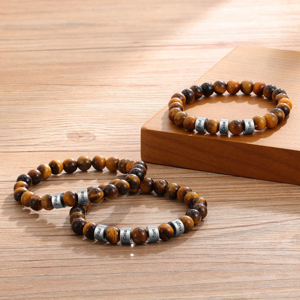Brown Tiger Eye Men's  3 Name Bracelet Gift For Him