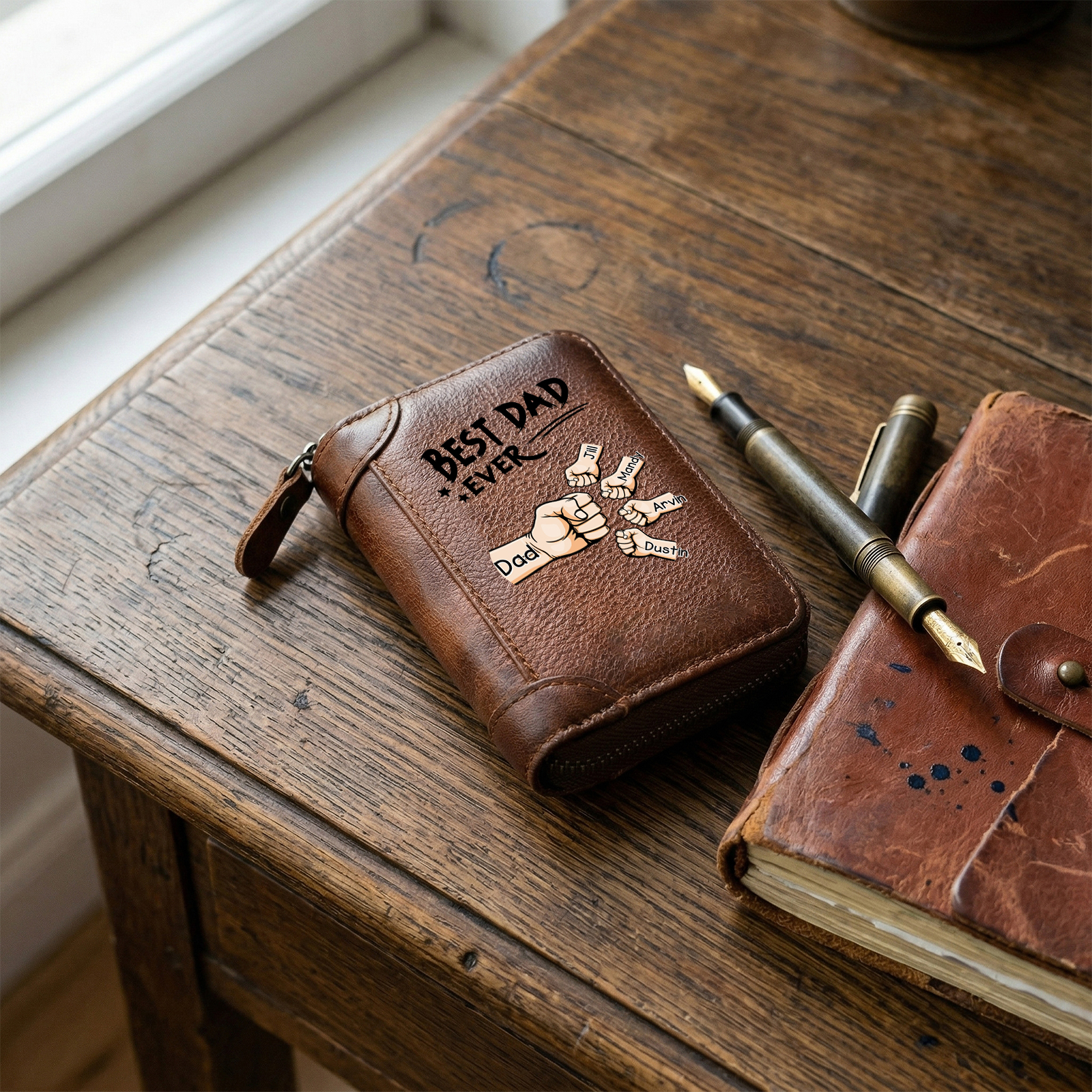 Personalized Genuine Leather Card Holder Custom with 1–6 Names and Fists Zippered Wallet for the Best Dad Grandpa