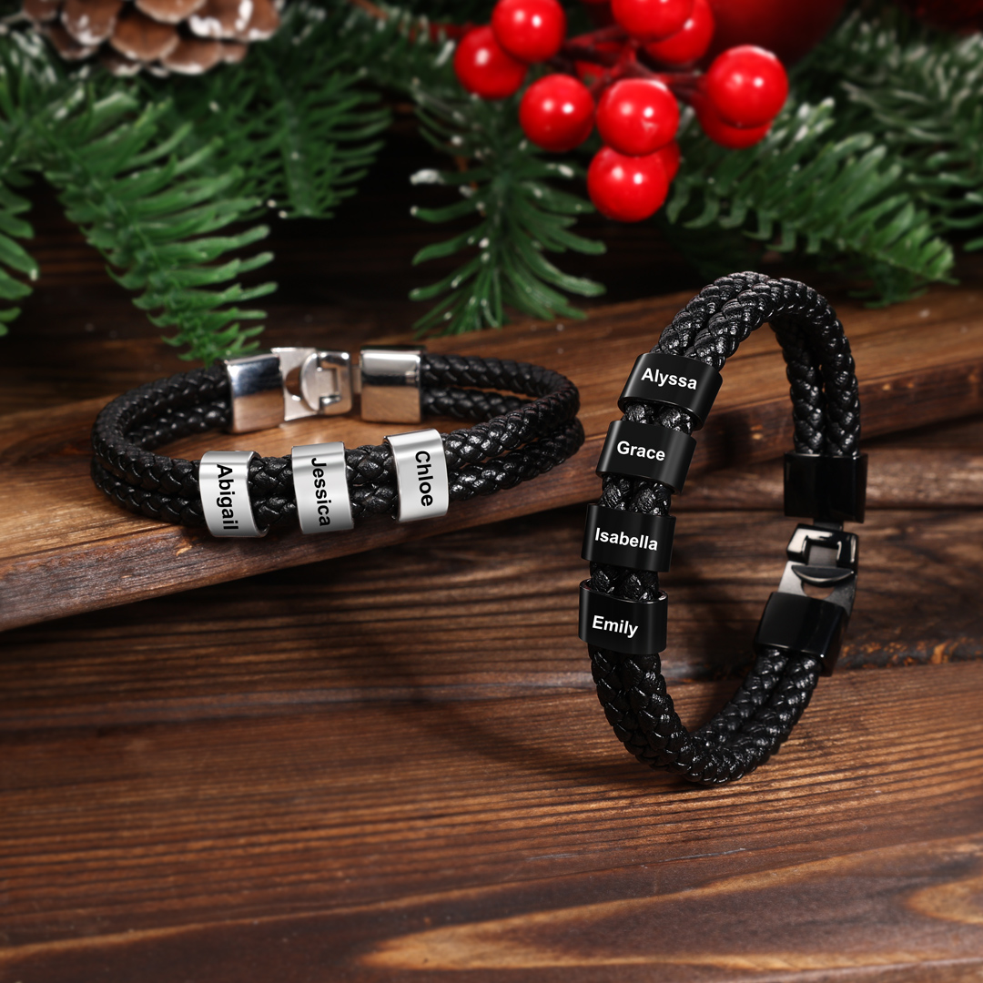 Personalized Men's Bracelet with Custom 2 Names Braided Leather Bracelet Set with Gift Box Valentine’s Day Gift for Him | Jessemade