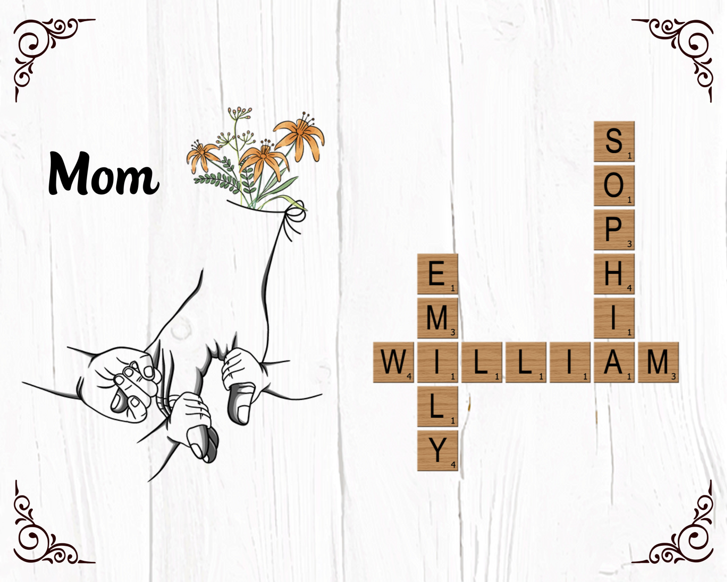 Personalized Gift for Mom - Custom Wooden Name Plaque – Scrabble Style with Hands for Mother's day