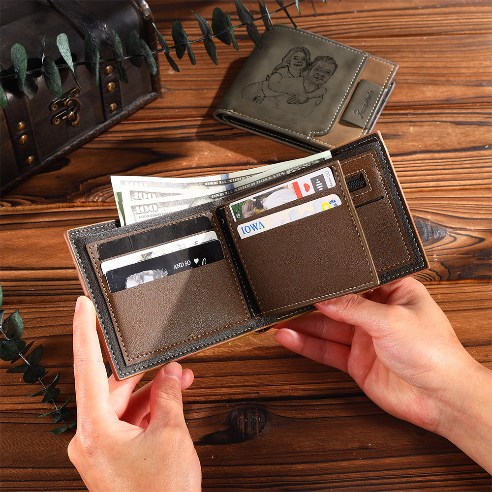 Photo Personalized Leather Men's Wallet Customized Name Letter Folding Wallet Two Colors Available with Gift Box for Dad