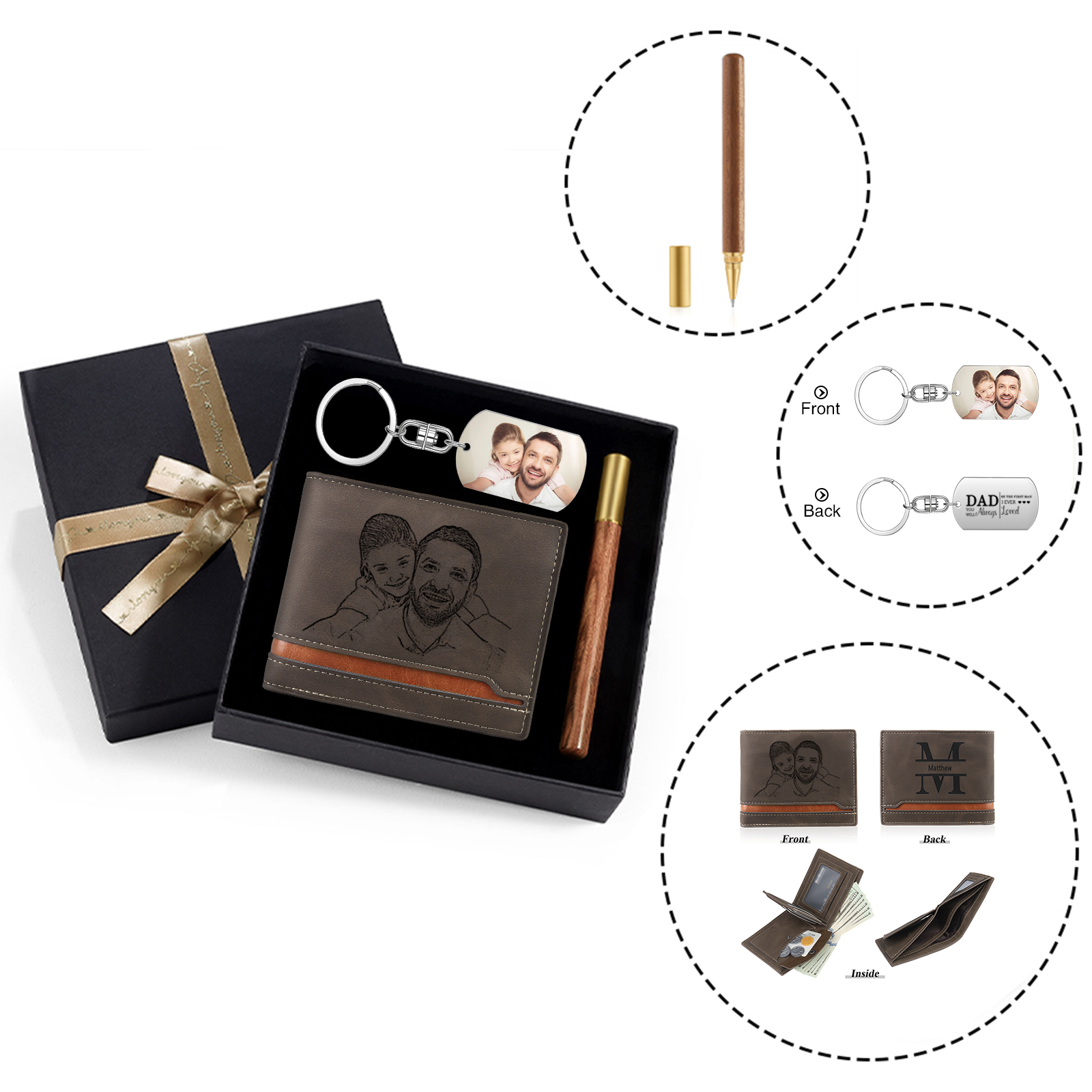 Personalized Leather Wallet Gift Box Set Keychain Strap Customizable 2 Photos 1 Letter and 1 Text Gift for Dad