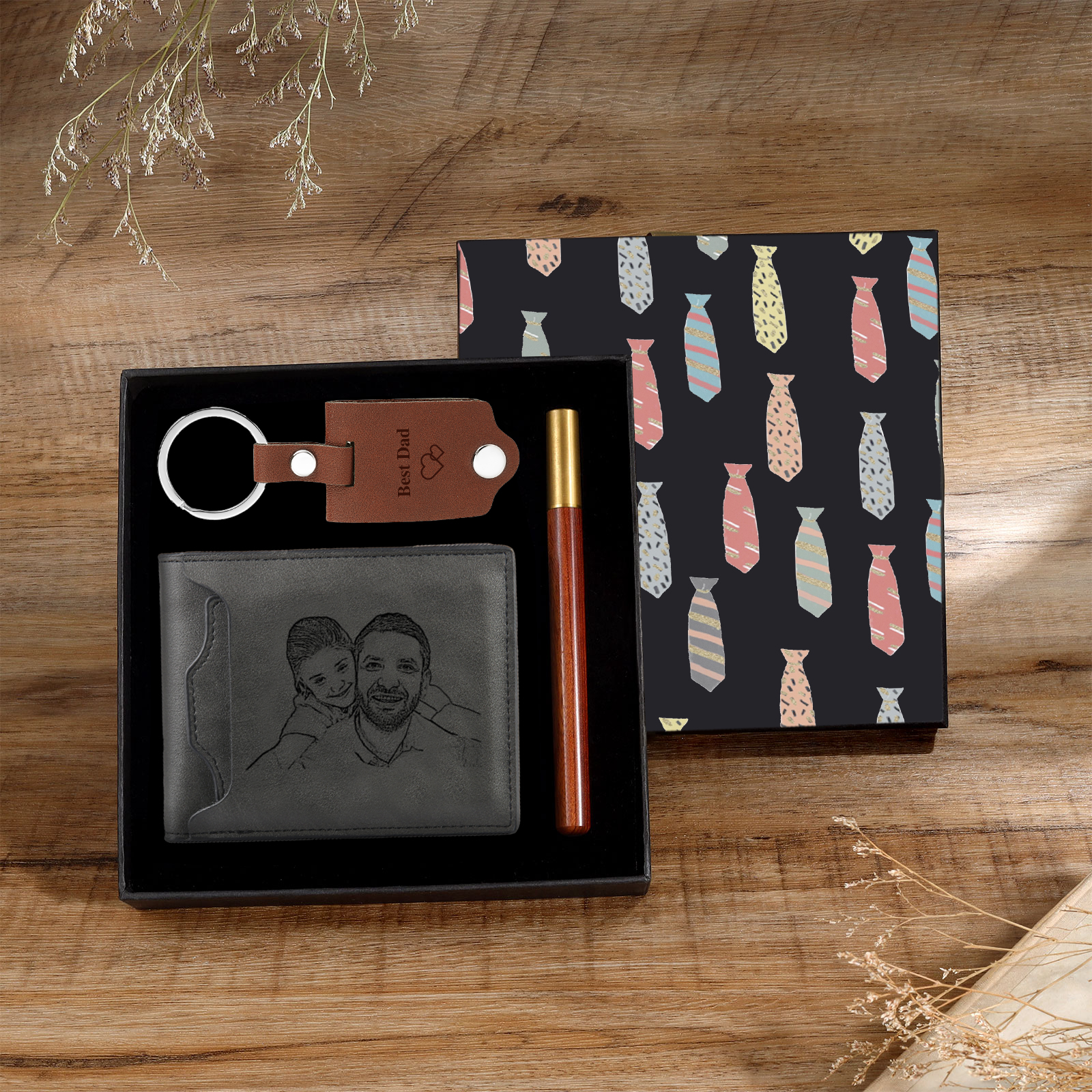 Personalized Leather Wallet Gift Box Set with Keychain Customizable Photo,Text ,Name and Letter Wallet Gift for Him