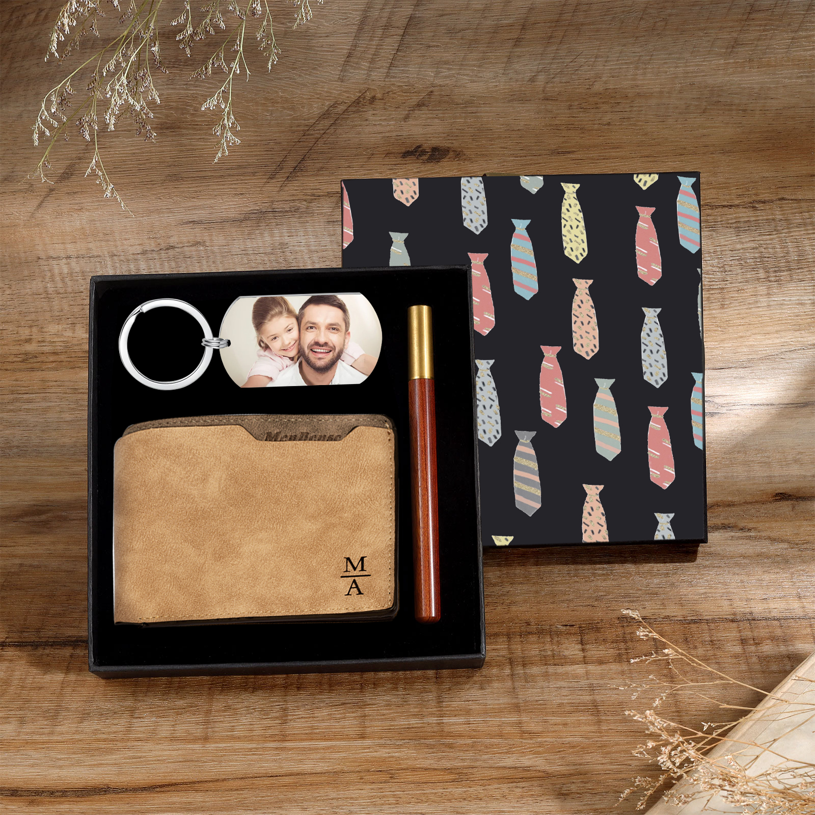 Photo Personalized Leather Wallet Gift Box Set with Keychain Customizable 1 Text and 2 Letter Wallet Gift for Dad